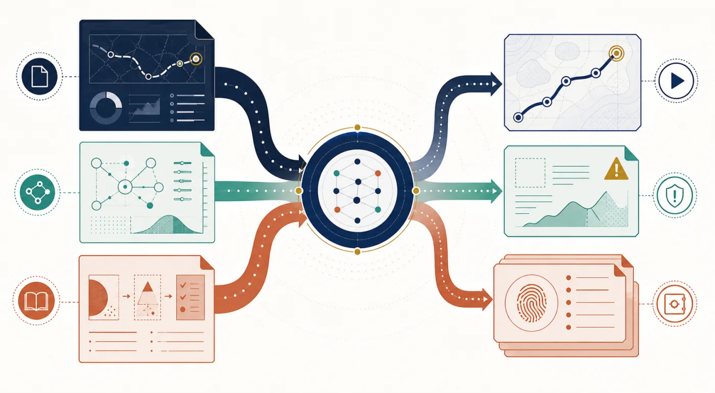 Reports, methodology, and education converging into evidence-backed route checks, caveated artifacts, and saved decision records